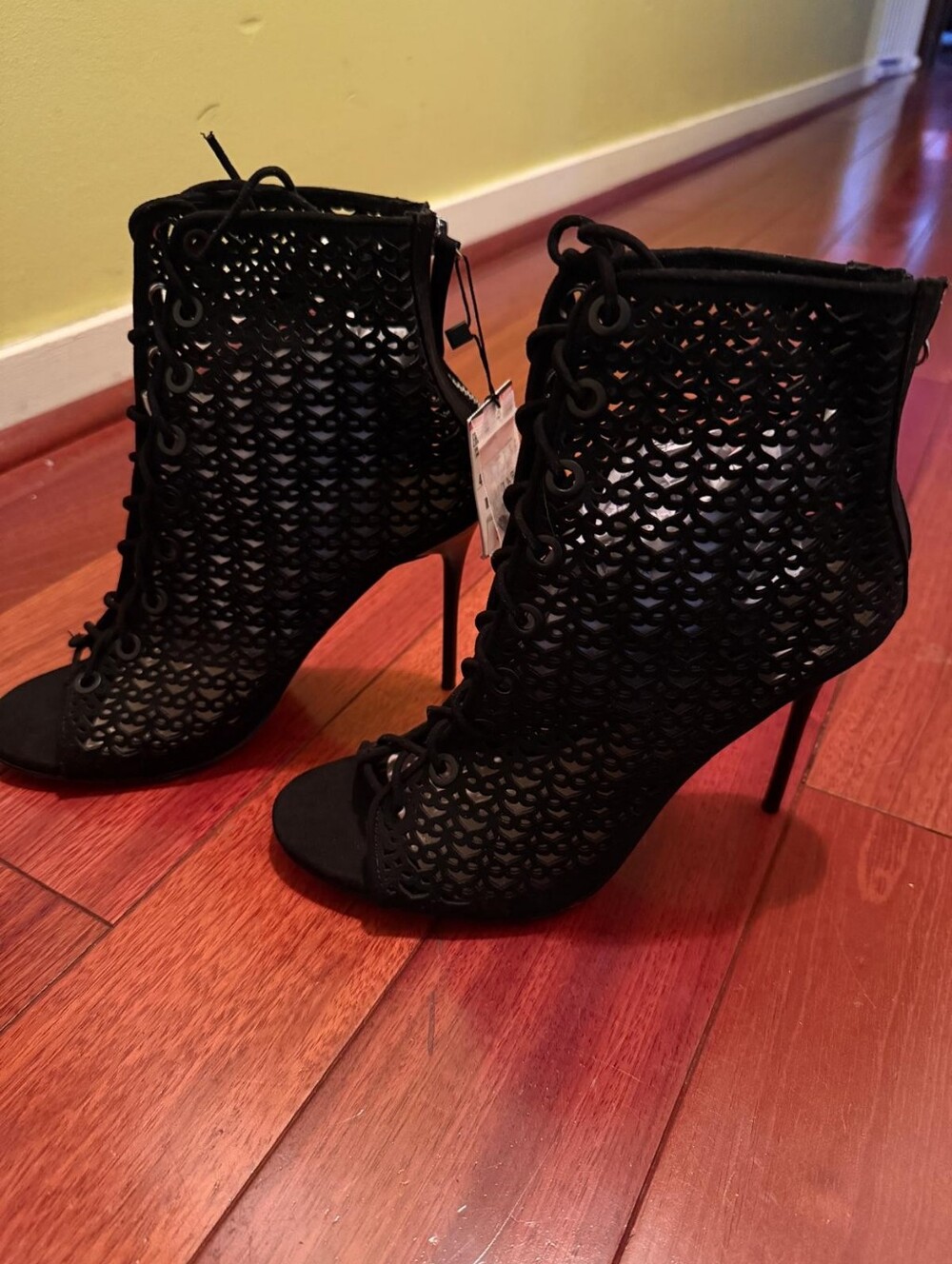 Zara Openwork Lace-Up Stiletto Bootie - Black